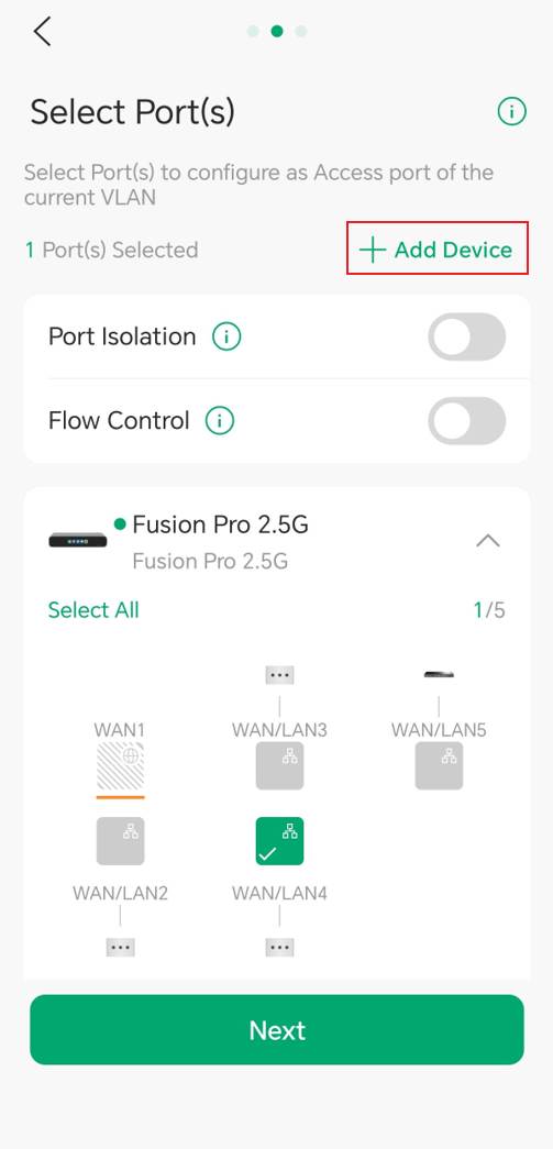 Select Port(s) page showing the + Add Device button