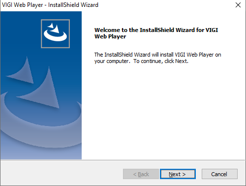 VIGI Web Player InstallShield Wizard welcome screen with the Next button