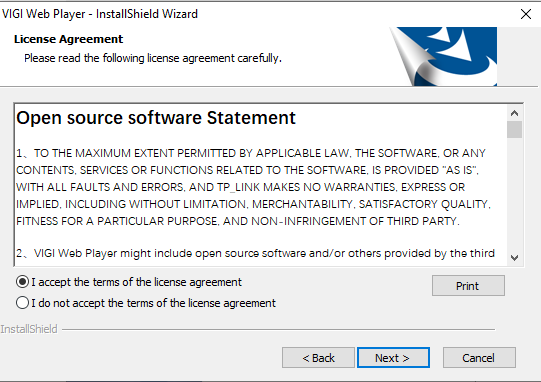 VIGI Web Player InstallShield Wizard showing the license agreement with the acceptance option selected