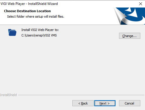 VIGI Web Player InstallShield Wizard showing the destination folder for installation