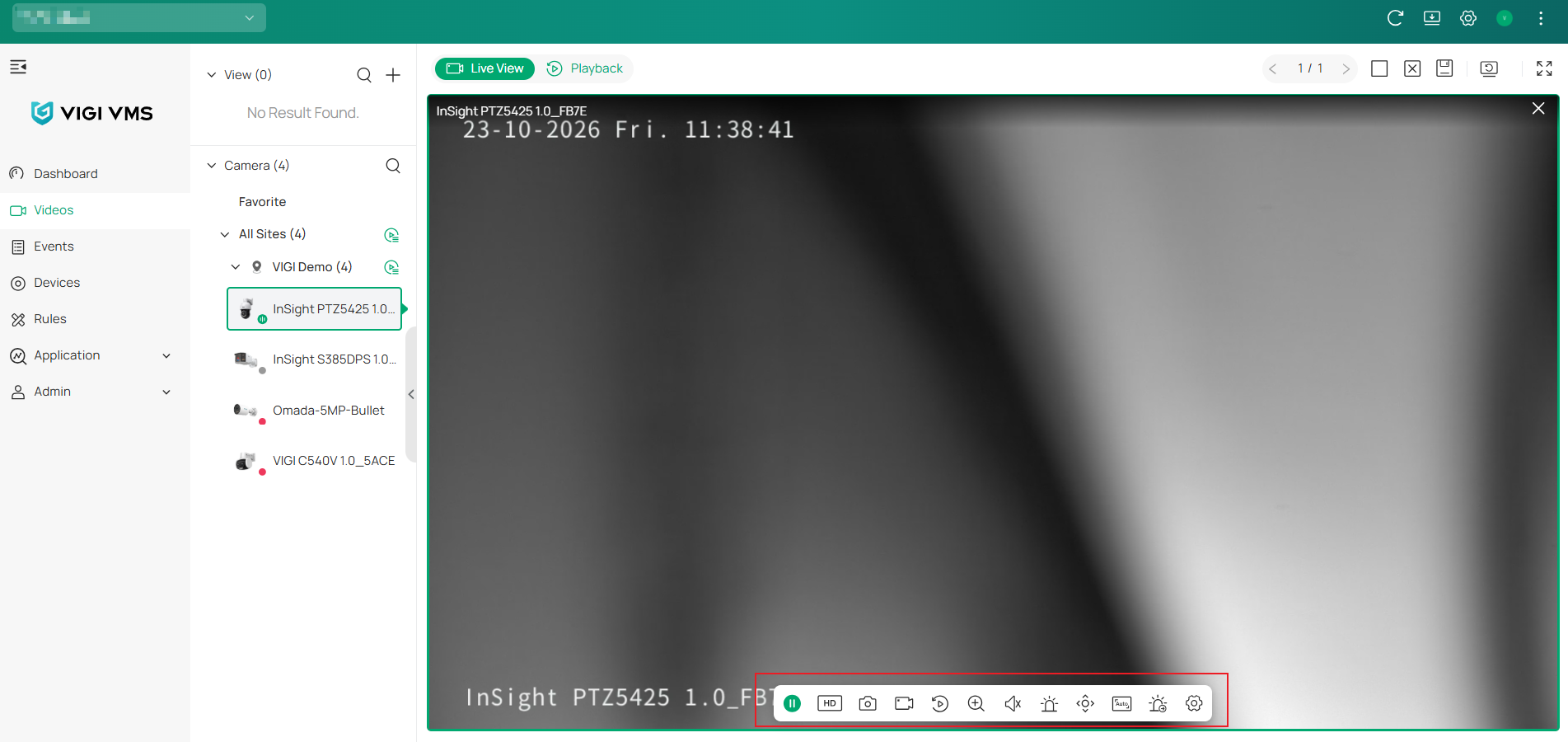 The Live View page in the VIGI VMS