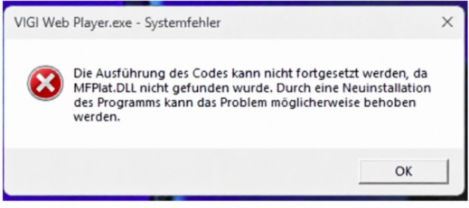 Error window showing VIGI Web Player installation failed because MFPlat.DLL is missing