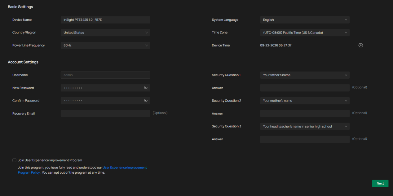 Shows the Basic Settings and Account Settings for initializing a VIGI camera via its Web UI