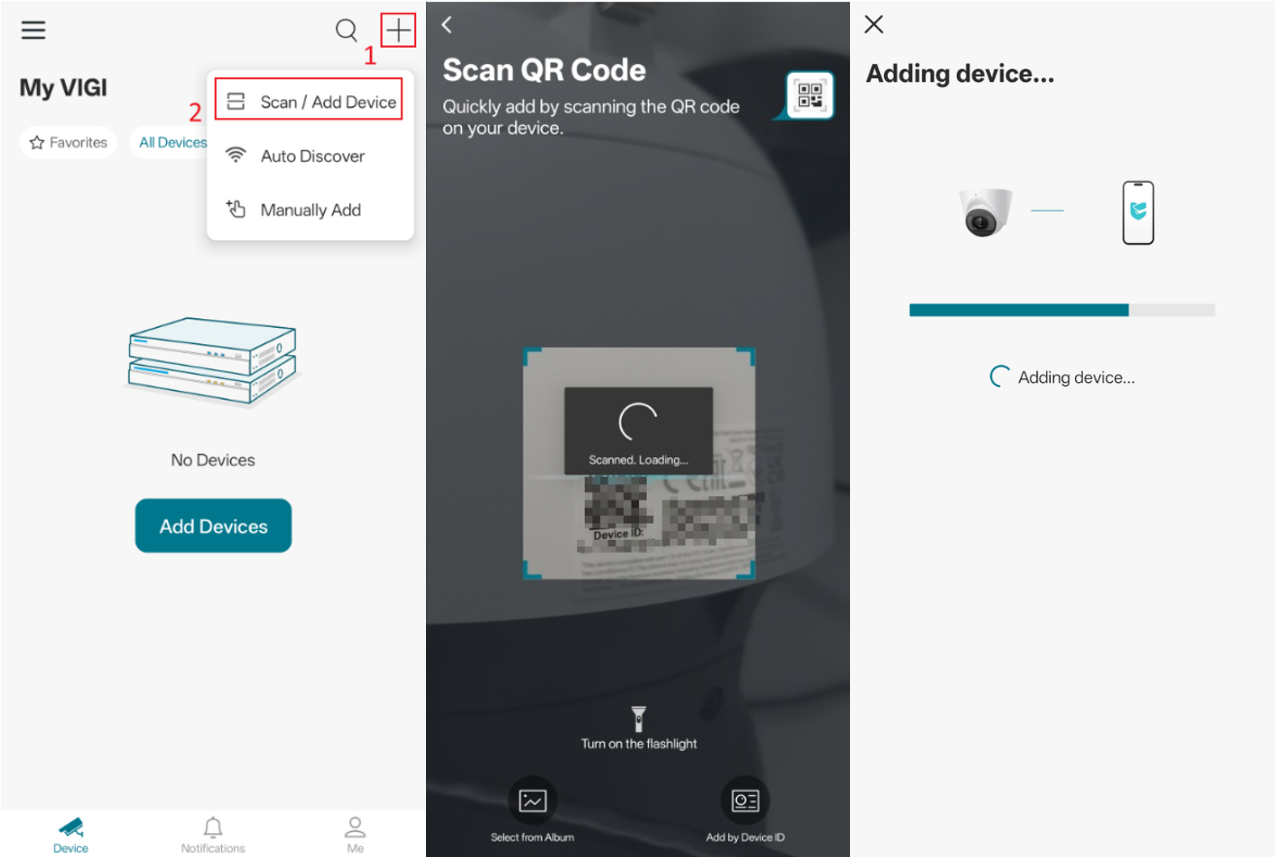 Shows the process of scanning a QR code to add the camera in the VIGI App
