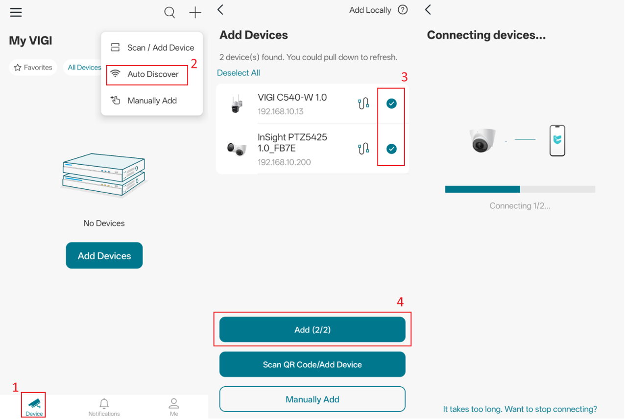 Shows the process of adding cameras via Auto Discover, including selecting the found devices and adding them