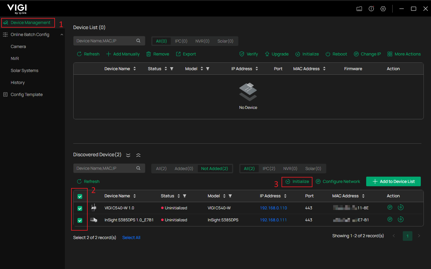 Shows the steps to select a VIGI camera and start initialization