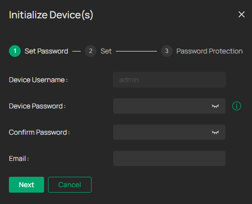 Shows the Set Password step for initializing VIGI devices, including the username, password, and email fields