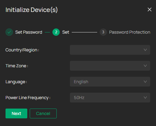 Shows Step 2 of VIGI device initialization, including country/region, time zone, language, and power line frequency settings