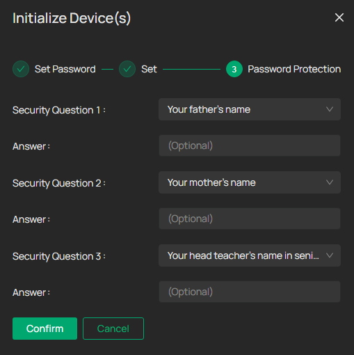 Shows Step 3 of VIGI devices initialization for configuring password protection with security questions and answers