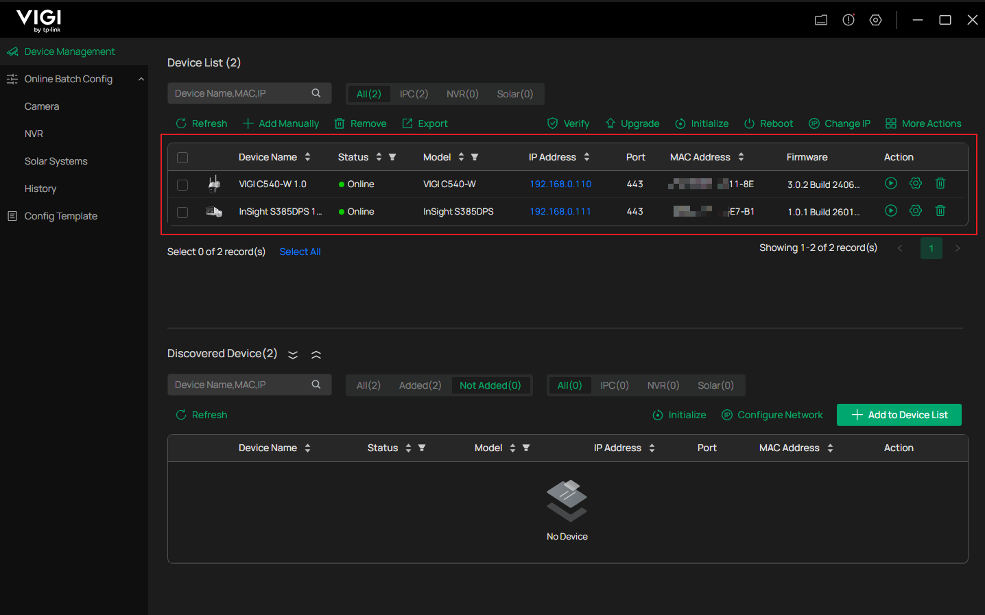 Shows the added VIGI cameras displayed in the Device List.