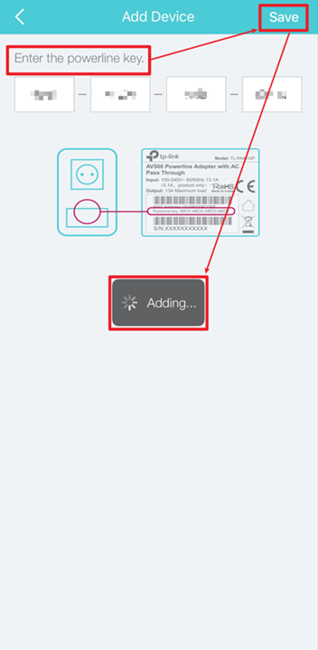 Locate the powerline key field and Save button on the Add Device page.