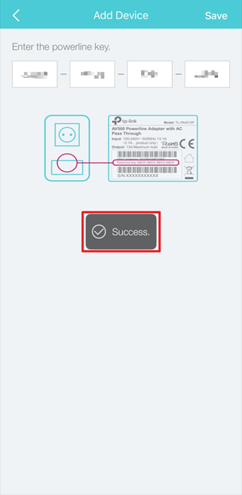 The success confirmation after adding a powerline device in the tpPLC app.