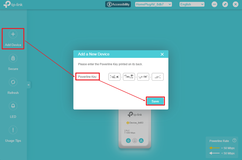 Locate the Powerline Key field and Save button in the Add a New Device window.