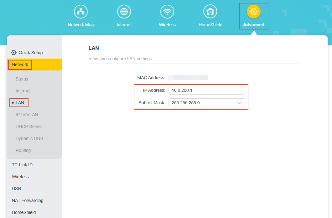 The LAN page displays the MAC address, LAN IP, and Subnet Mask.