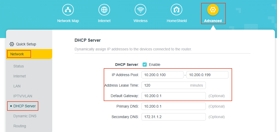 The DHCP Server page displays the IP Address Pool, Address Lease Time, Default Gateway, and etc.