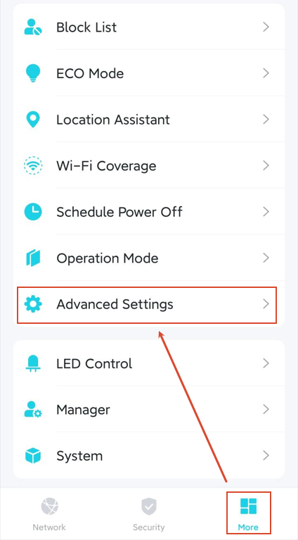 The More page with the Advanced Settings highlighted. 