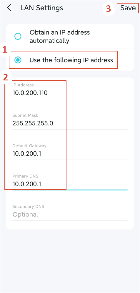 The LAN Settings page with Use the following IP address selected, the IP Address, Subnet Mask, Default Gateway, and Primary DNS filled in.