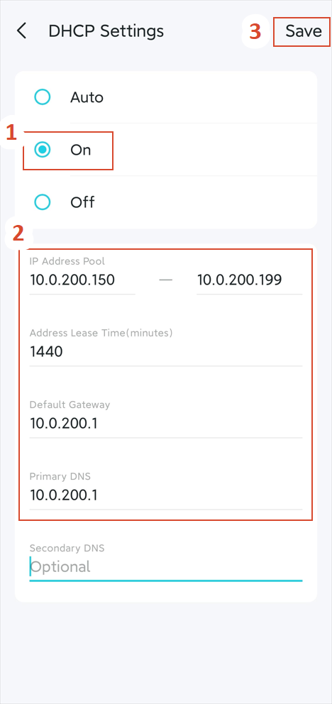 The DHCP Settings page with On selected, the IP Address Pool, Address Lease Time, Default Gateway, and Primary DNS filled in.