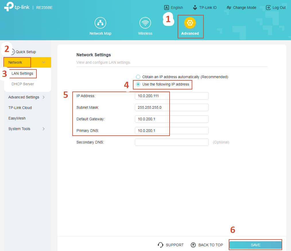The LAN Settings page with Use the following IP address selected, the IP Address, Subnet Mask, Default Gateway, and Primary DNS filled in.
