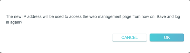 A prompt window asking whether to save the new IP address and log in again.