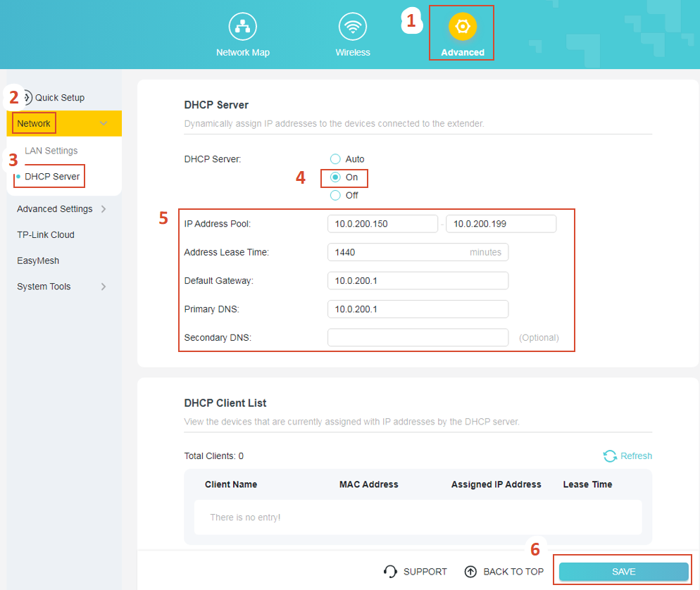 The DHCP Settings page with On selected, the IP Address Pool, Address Lease Time, Default Gateway, and Primary DNS filled in.