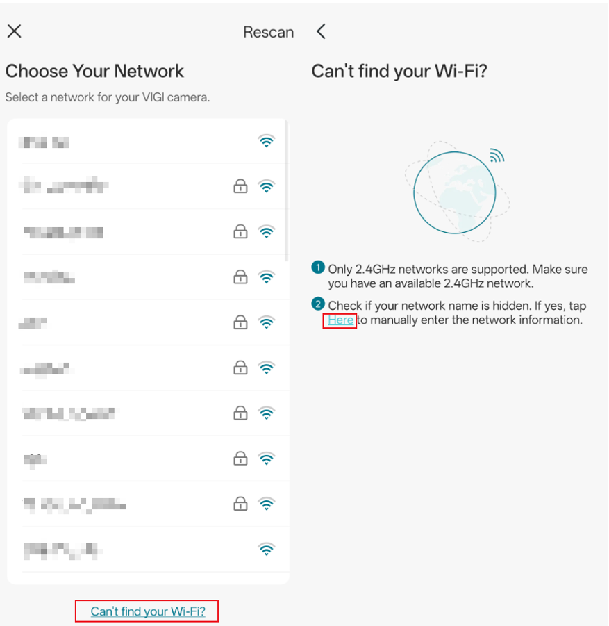 Position of Can’t find your Wi-Fi and the troubleshooting suggestions in VIGI App
