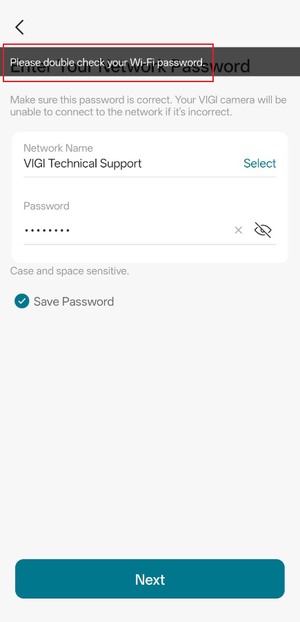 Please double-check your Wi-Fi password error on the Enter Your Network Password page