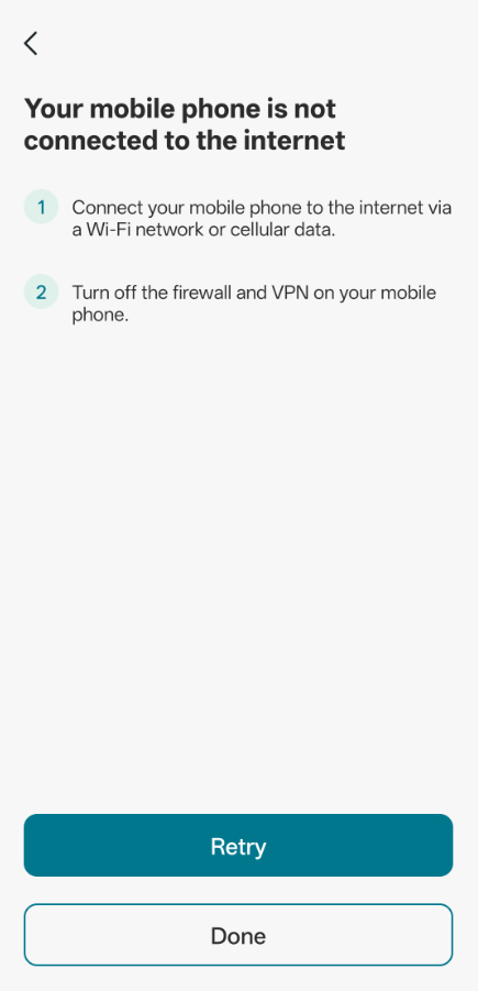 Your mobile phone is not connected to the internet error with troubleshooting suggestions in VIGI App