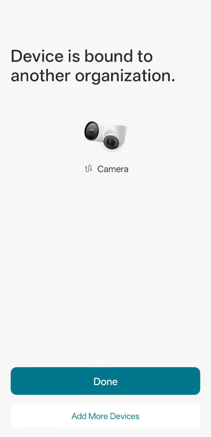 Device is bound to another organization error with troubleshooting suggestions in VIGI App