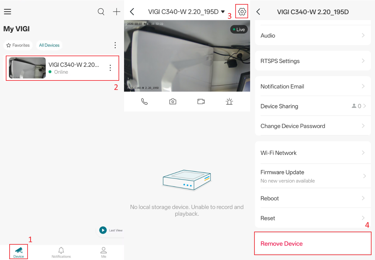 Position of the Remove Device button in camera’s device settings