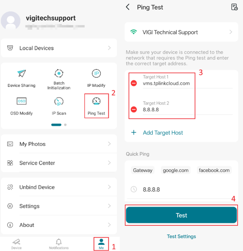 Steps to find Ping Tool on the Me page and enter a ping command