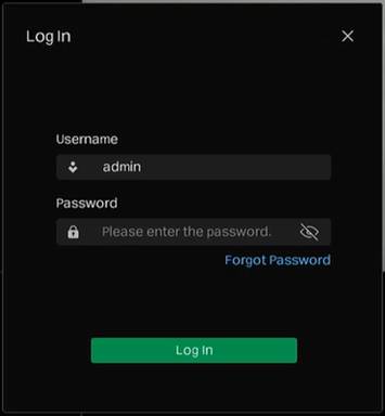 NVR GUI login window with Username and Password fields and the Log In button