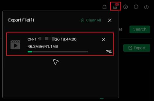 NVR GUI download center icon and Export File panel showing the exported data size, progress bar, and completion percentage