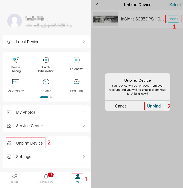 VIGI App Me page showing the Unbind Device option