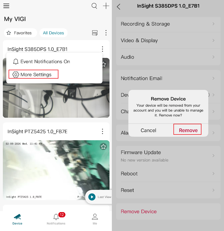 VIGI App Device Settings page showing the Remove Device option