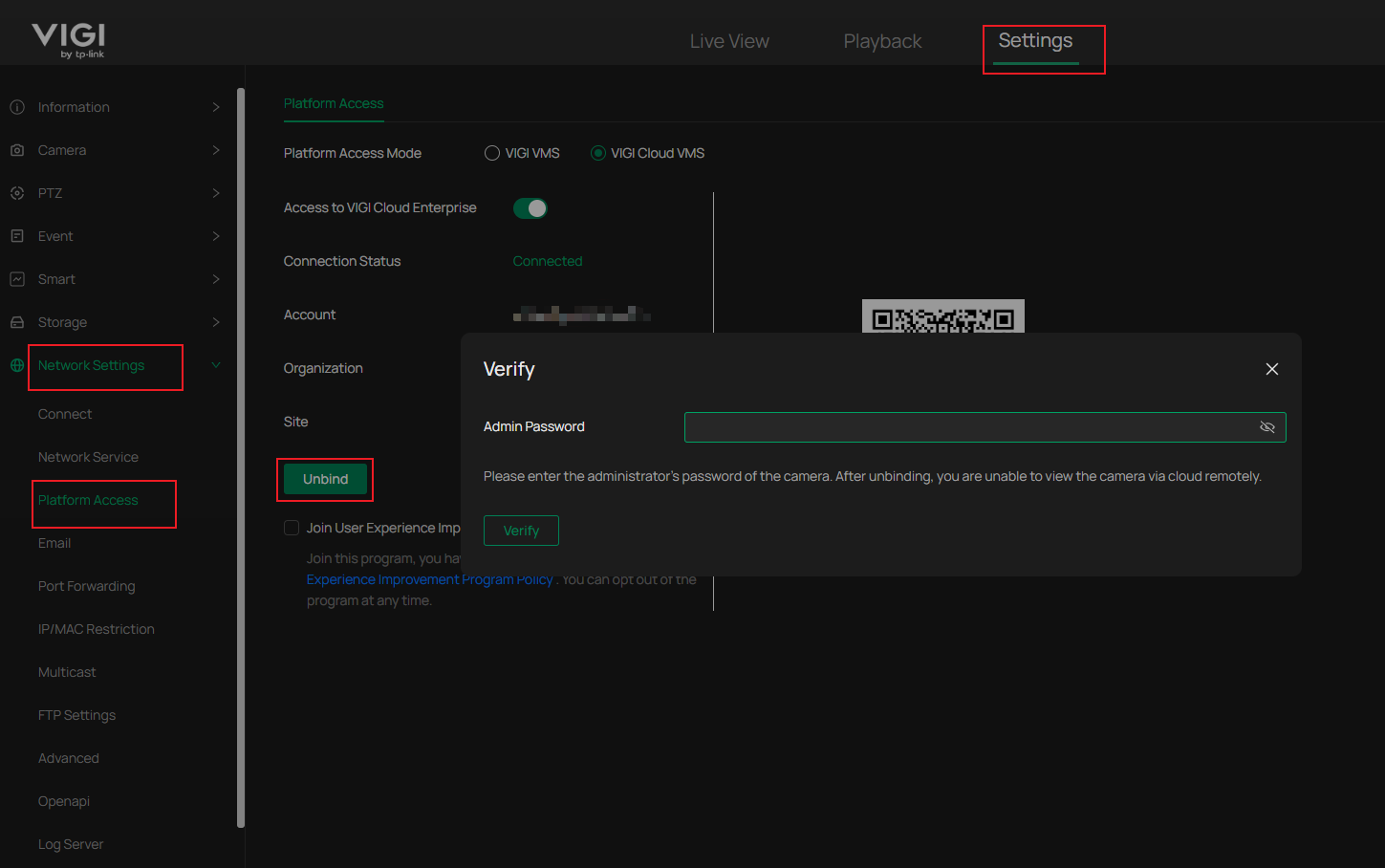 VIGI Device Web Interface showing VIGI Cloud VMS unbind settings