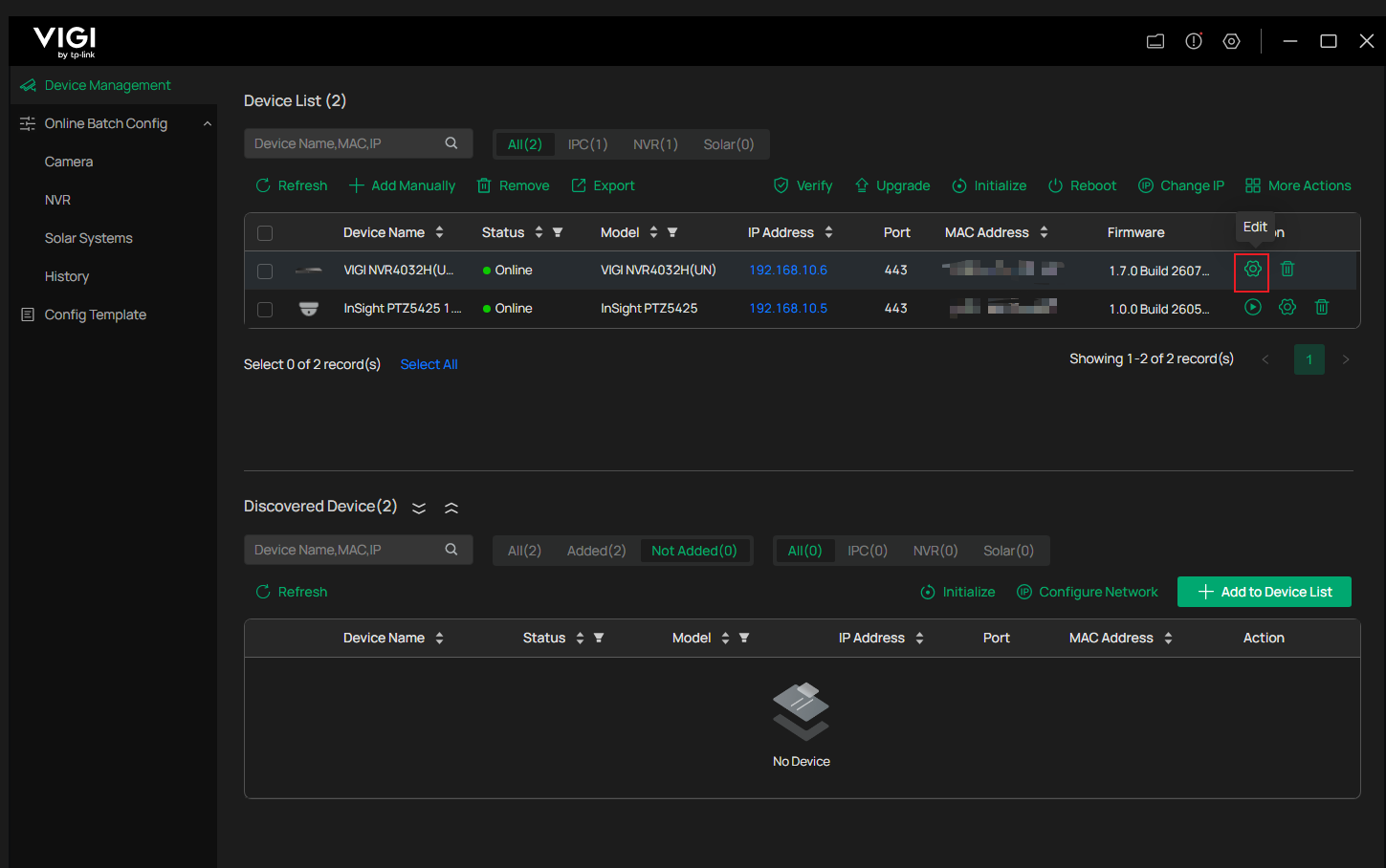 VIGI Config Tool Device Management page showing the Device List