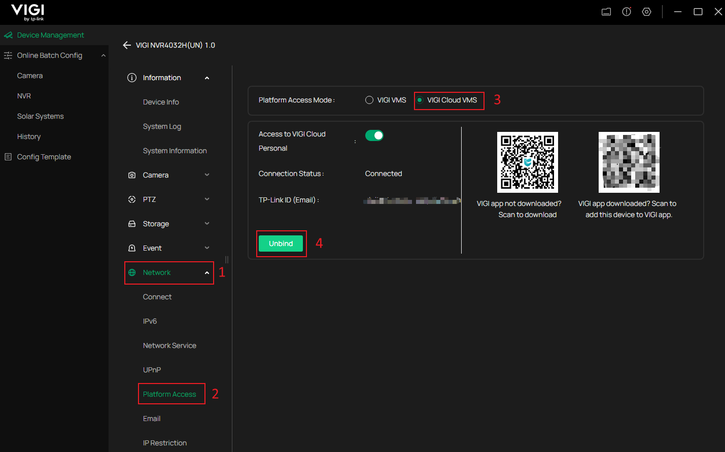 VIGI Config Tool Device Settings page showing VIGI Cloud VMS unbind settings