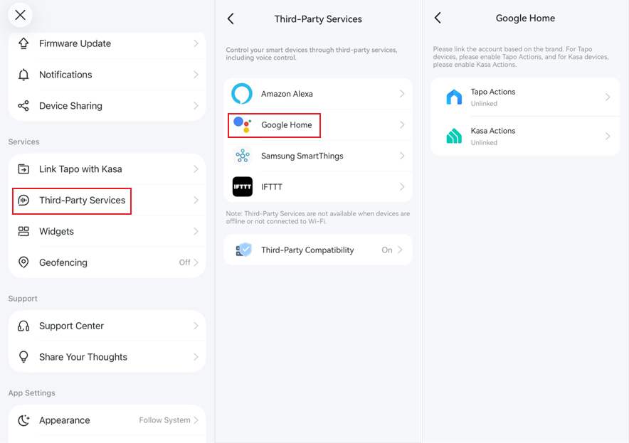 The path to link Tapo or Kasa to Google Home in the Tapo app.