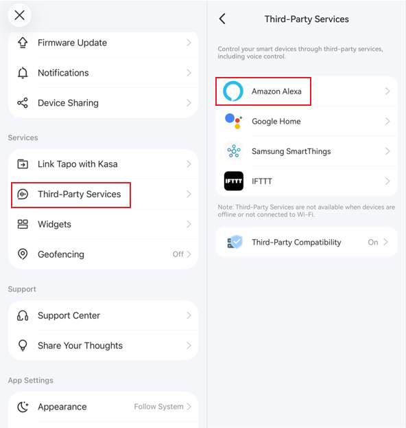 The path to link Tapo or Kasa to Amazon Alexa in the Tapo app.
