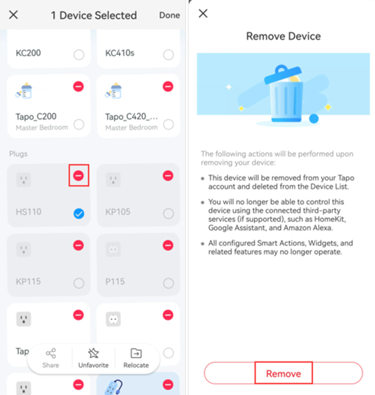 The path to remove a device from Home page.