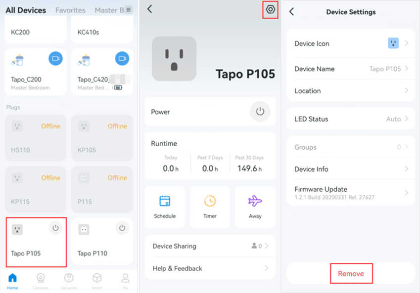 The path to remove a device from Device Settings page.