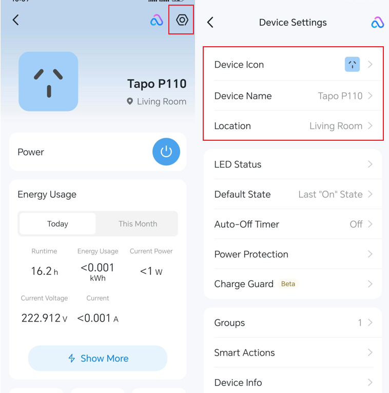 Image showing the path to change Device Icon, Device Name and Location for Tapo Switches, Plugs, Lights and Sensors.