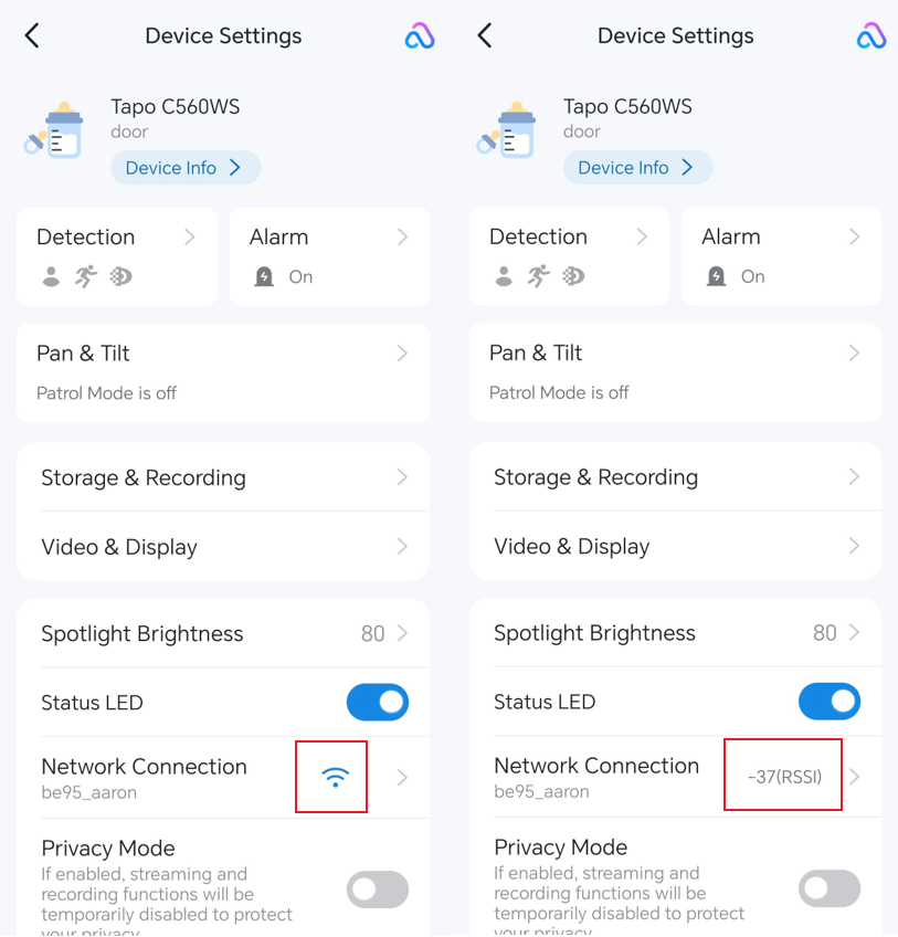 The path to check the RSSI value via Device Settings > Network Connection.