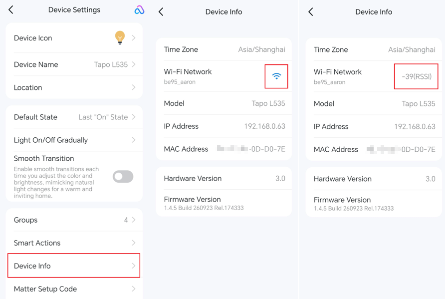The path to check the RSSI value via Device Settings > Device Info > Wi‑Fi Network.