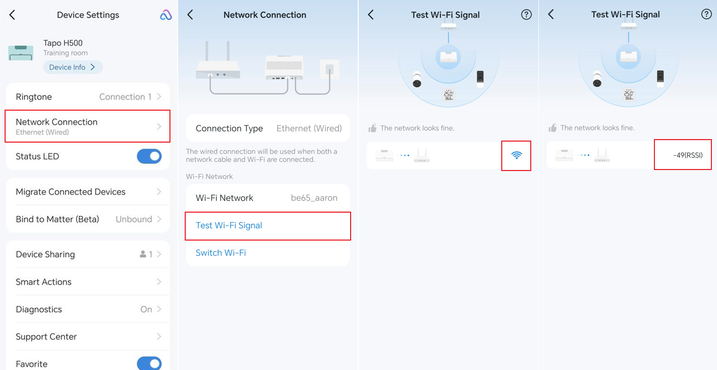The path to check the RSSI value via Device Settings > Network Connection > Test Wi-Fi Signal.