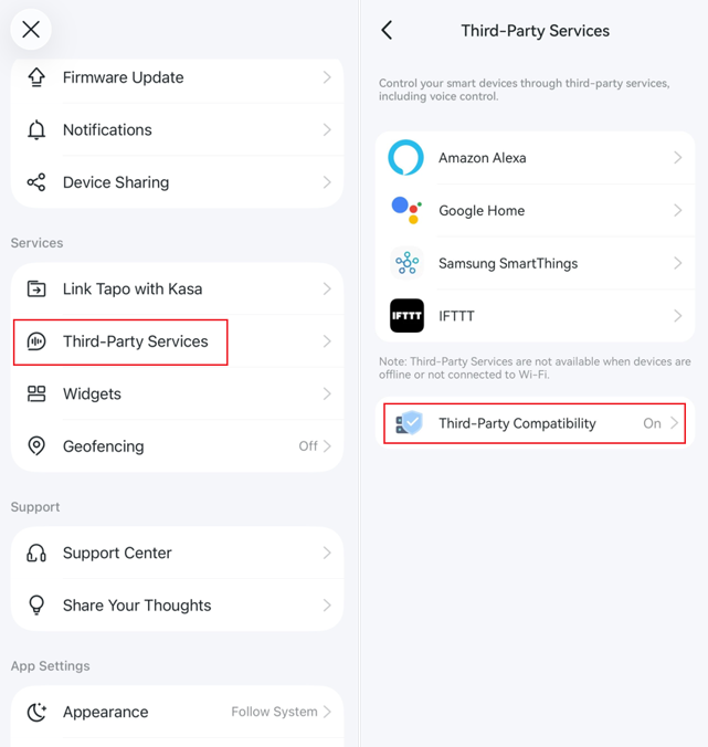The path to enable Third-Party Compatibility in the Tapo app.