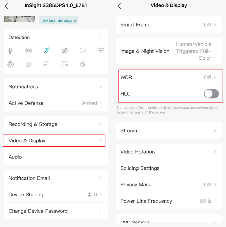 VIGI App Image settings page showing WDR and HLC options