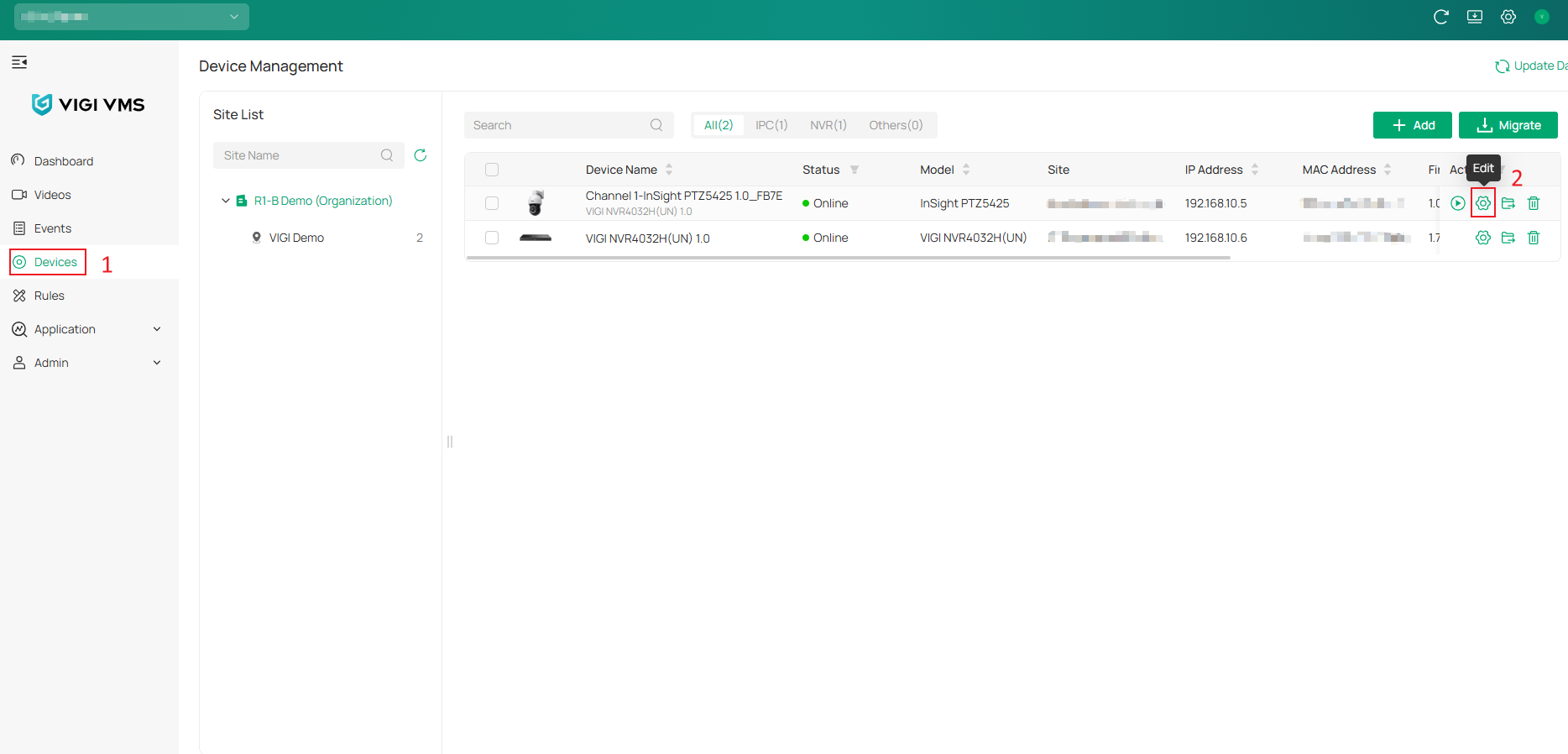 VIGI Cloud VMS Device Management page showing device edit option