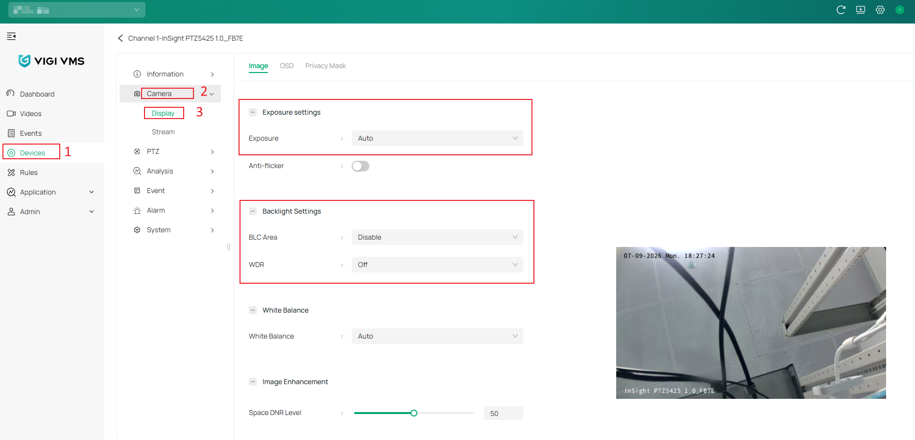 VIGI Cloud VMS Image settings page showing image adjustment options